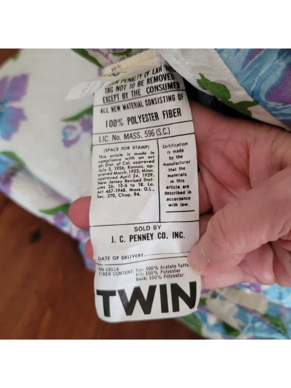 Vintage 70s Blue and Purple Floral Print Twin Size Bedspread Quilted Coverlet
